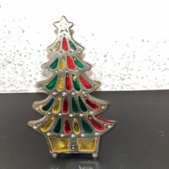 Cast Iron & Stained Glass Christmas Tree Candle Holder 6" Vintage - Picture 7 of 7